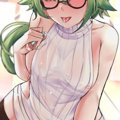 after sex, ambiguous penetration, breasts, clothed female nude male, cowboy shot, cum, drinking, drooling, genshin impact, ginga illust, glasses, green hair, naokomama, nipples, partially clothed
