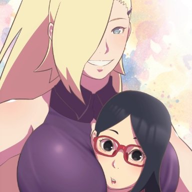 2girls, age difference, big breasts, black eyes, black hair, blonde hair, blue eyes, blush, boruto: naruto next generations, breast focus, breast press, breasts, busty, clothed, clothed female