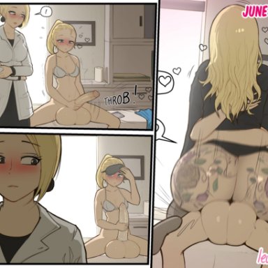 1futa, 1girls, age difference, alternate breast size, ass, ass tattoo, big ass, big balls, big breasts, big penis, blonde hair, blue eyes, blush, bottom heavy, bottomless