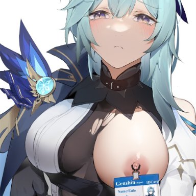 ahe gao, bangs, blue hair, blush, breasts, character name, closed mouth, collar, commentary request, container, copyright name, cum, cum in container, cum pool, english text