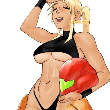 1girls, blonde hair, breasts, closed eyes, clothed, crop top, eyelashes, female, female only, hand on head, helmet, metroid, navel, nintendo, open mouth
