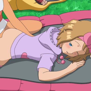 1girls, blue eyes, bow, clothed sex, clothing, color, grass, highres, jitan, pink bow, pokemon, pokemon xy, serena (pokemon), tagme, uncensored