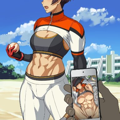 abs, after sex, armpit hair, armpits, ball, baseball, baseball bat, baseball uniform, brown hair, cellphone, cloud, cloudy sky, commentary request, covering eyes, day