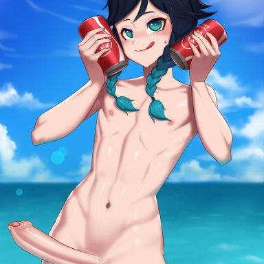 1boy, 1futa, big penis, black hair, blue hair, erection, femboy, genshin impact, green eyes, looking at viewer, twintails, venti (genshin impact), zipsha