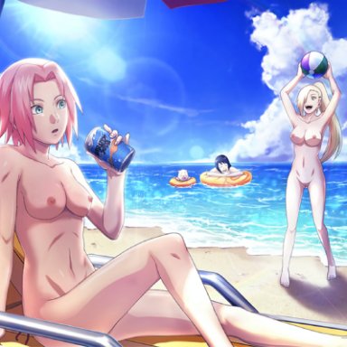 1animal, 3girls, ball, barefoot, beach, beach ball, bikini removed, black hair, blue sky, breasts, can, chair, closed eyes, clouds, completely nude