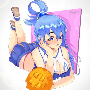 2021, aqua (konosuba), blue eyes, blue hair, cheerleader, cleavage, cleavage cutout, darkmoney1, goddess, hair between eyes, kono subarashii sekai ni shukufuku wo!, pom poms, ponytail, skirt