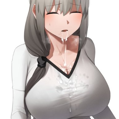 after oral, artist request, closed eyes, clothed, clothing, cum, cum drip, cum in mouth, cum on breasts, cum on clothes, cum on face, grey hair, hair between eyes, milf, mother