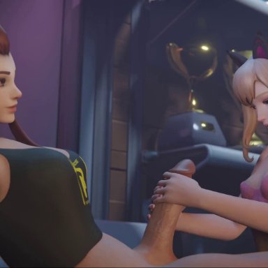 1futa, 1girls, 3d, alternate costume, animated, big penis, black cat d.va, blender, breasts, brigitte, cleavage, d.va, dreamrider, female, female on futa