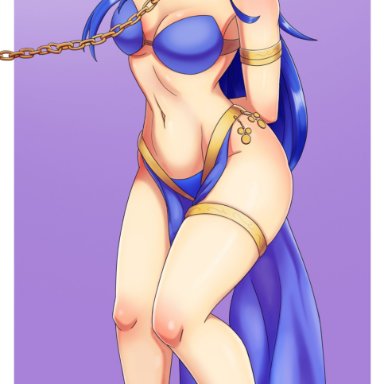 1girls, arms behind back, bare legs, bare midriff, bare shoulders, blue eyes, blue hair, bondage, bound, chain leash, chains, cleavage, collar, collarbone, dancer