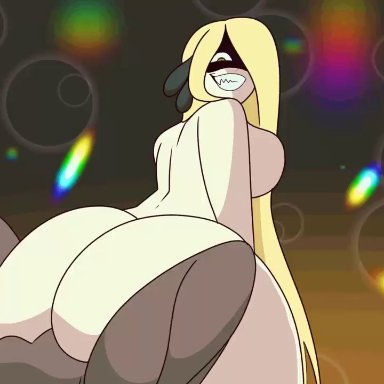 1boy, 1girls, animated, ass, balls, blonde hair, cowgirl position, cynthia (pokemon), faceless male, femdom, girl on top, long hair, looking back, loop, naughty face