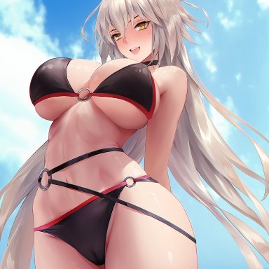 1girls, 2021, ahoge, arms behind back, artist signature, azto dio, belly button, belt, bikini, black bikini, blue sky, breasts, cleavage, fate/grand order, fate (series)