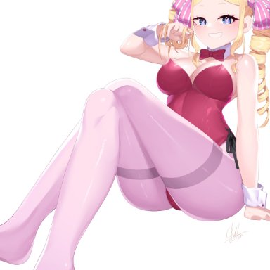 aged up, alternative bust size, animal ears, ass, beatrice (re:zero), blonde hair, blue eyes, blush, bow, breasts, bunny ears, bunnysuit, cleavage, clothing, commission