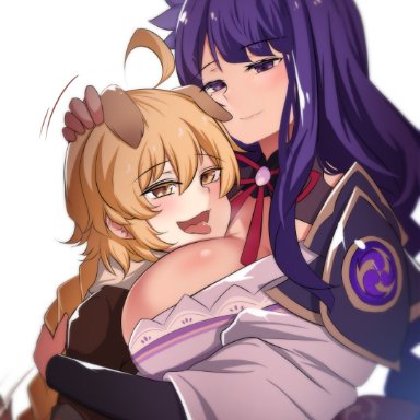 1boy, 1girls, aether (genshin impact), baal (genshin impact), big breasts, blush, breast smother, breasts, busty, canine, cleavage, clothed, dog ears, dog tail, female