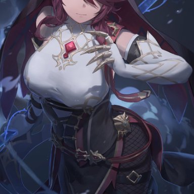 bangs, belts, big ass, big breasts, corset, crown, female, fishnets, fully clothed, genshin impact, goth, jewelry, long gloves, nun, red eyes
