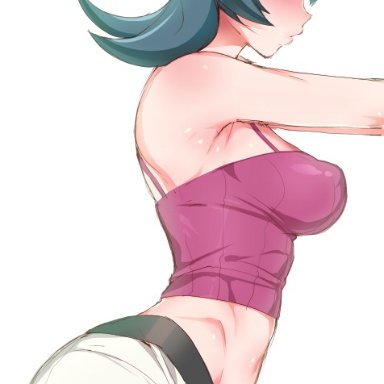 1girls, armpits, blue hair, breasts, crop top, female, female only, game freak, gym leader, hizuki akira, looking at viewer, midriff, nintendo, pants, pink crop top