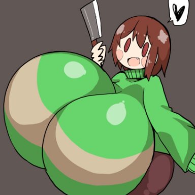 1girls, big breasts, black heart, breasts, breasts bigger than head, brown hair, chara, cleaver, clothed, clothes, clothing, enormous breasts, eyebrows, female, female only