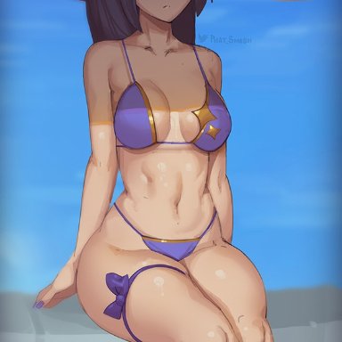 1girls, 2021, alternate breast size, armpit crease, artist signature, bare legs, belly button, bikini, black hair, blue sky, bow, bow in hair, breasts, feet out of frame, female