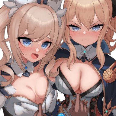 2girls, amagasa, barbara (genshin impact), blonde hair, blue eyes, blush, breasts, cleavage, female, genshin impact, hands, hi res, jean (genshin impact), jean gunnhildr, large breasts