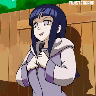 1girls, animated, blue hair, bouncing breasts, bra, breasts, cleavage, clothed, female, female only, flashing, hyuuga hinata, large breasts, long hair, naruto