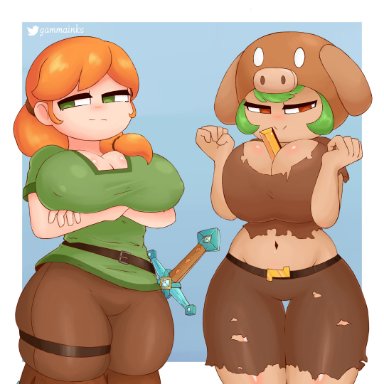 alex (minecraft), big breasts, cleavage, gammainks, green eyes, green hair, humanized, minecraft, monster girl, piglin, piglin-chan, red eyes, red hair, ripped clothing, sword