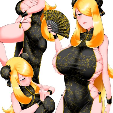 1girls, 2021, alternate hairstyle, bare legs, black dress, blonde hair, breasts, china dress, cynthia (pokemon), dress, fan, female, female focus, female only, front view
