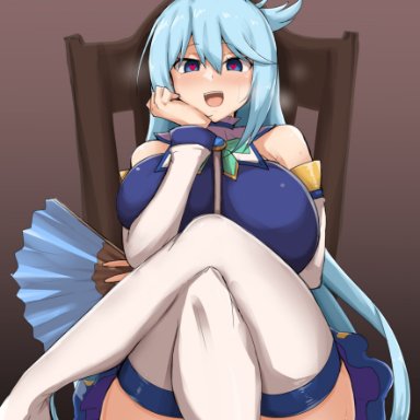 1girls, aqua (konosuba), big breasts, blue hair, breasts, female, kono subarashii sekai ni shukufuku wo!, large breasts, long hair, thick thighs, yamaori