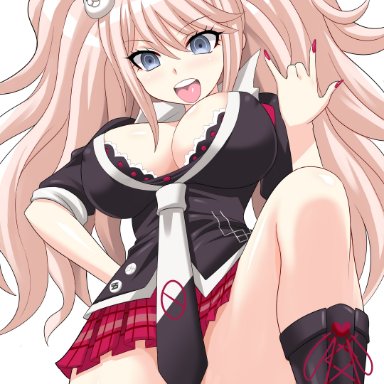 ass visible through thighs, blonde hair, blue eyes, boots, bra, covered nipples, danganronpa, junko enoshima, konno tohiro, large breasts, looking at viewer, no panties, open mouth, red nails, school uniform