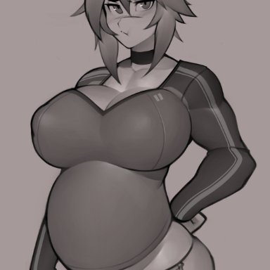 1girls, big breasts, blush, breasts, clothed, clothing, female only, fully clothed, hands on hips, human, male focus, maya (rd-rn), monochrome, original character, pout