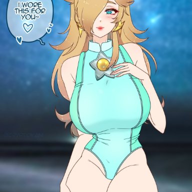 1girls, alternate costume, bare thighs, blonde hair, blue hair, blue swimsuit, crown, cryptid crab, english text, hair over one eye, large breasts, light blue eyes, long hair, looking at viewer, mario (series)