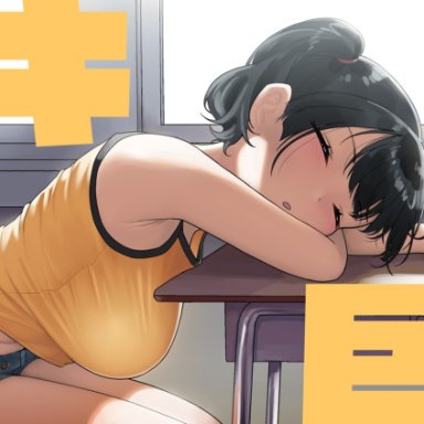 1girls, 2020s, 2021, armpits, artist name, bare arms, bare legs, bare shoulders, black hair, blue bottomwear, blush, breasts, camisole, chair, closed eyes