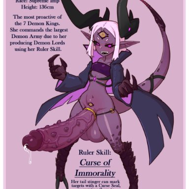 1futa, balls, black sclera, bottomless, character name, character profile, clothed, clothing, cock ring, demon, demon girl, erection, futa only, futanari, horns