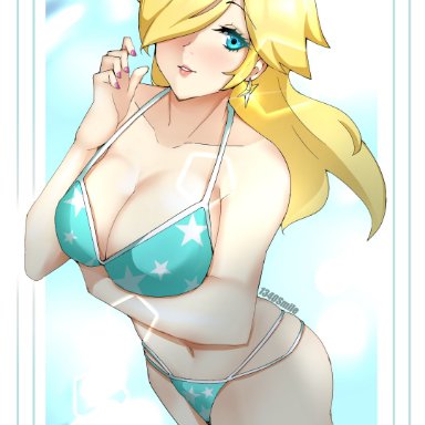 1340smile, 1girl, alternate costume, bikini, blonde hair, blue eyes, breasts, ear piercing, female, hair over one eye, lipstick, mario (series), medium hair, nintendo, princess rosalina