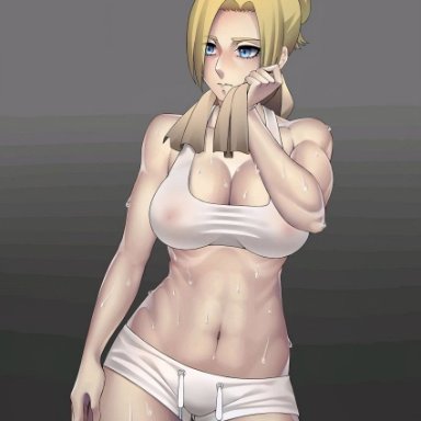 abs, annie leonhardt, attack on titan, big breasts, blonde hair, blue eyes, breasts, clothed, female, female focus, female only, light-skinned female, midriff, muscles, nipples