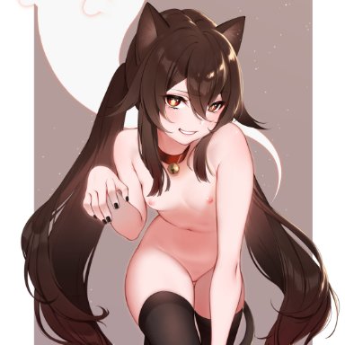 animal ears, black nails, brown hair, cat ears, cat tail, catgirl, female, female only, genshin impact, ghost, hu tao (genshin impact), long hair, red eyes, small breasts, thighhighs