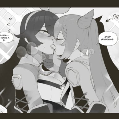 2girls, amber (genshin impact), drunk, french kiss, genshin impact, greyscale, keqing (genshin impact), kissing, nyantcha, thiccwithaq, yuri