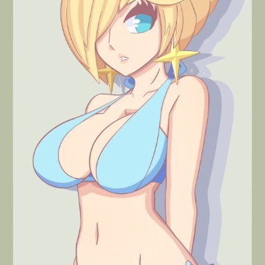 1girls, aurashock, bare shoulders, big breasts, big eyes, bikini, blonde hair, blue eyes, breasts, cleavage, clothed, earrings, female, female focus, female only