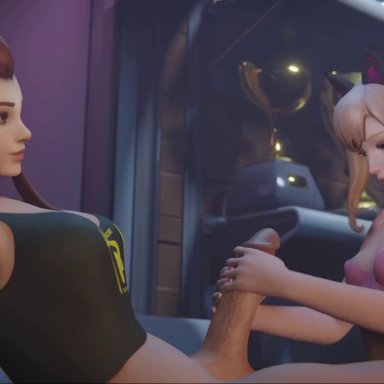 1futa, 1girls, 3d, alternate costume, animated, big penis, black cat d.va, blender, breasts, brigitte, cleavage, d.va, dreamrider, evilaudio, female