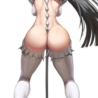 1girls, 2021, armor, artist signature, ass, ass cheeks, ass focus, back, back view, backboob, barely clothed, black hair, breasts, bubble butt, facing forward