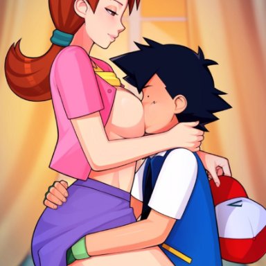 1boy, 1girls, age difference, black hair, breasts, breasts on face, breasts out, brown eyes, brown hair, clothed, delia ketchum (pokemon), dot eyes, embrace, face in breasts, female