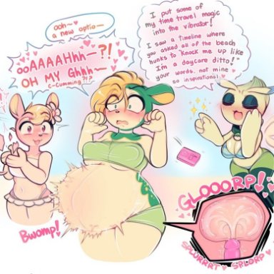 3girls, anthro, big breasts, celebi, clothed, clothing, cumflation, deerling, dialogue, didlo, duo, excessive cum, female, female only, furry