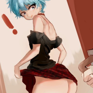 1boy, artist logo, ass, assassination classroom, background, bbadogg, black topwear, blue eyes, blue hair, boy, caught, caught in the act, caught off guard, changing, changing room