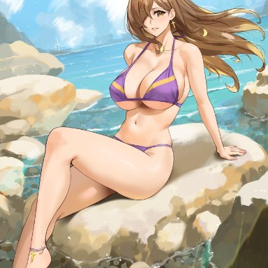 1girl, alternate costume, barefoot, bikini, breasts, brown hair, ear piercing, earrings, female, hair over one eye, kono subarashii sekai ni shukufuku wo!, lipstick, medium hair, ocean, outdoors