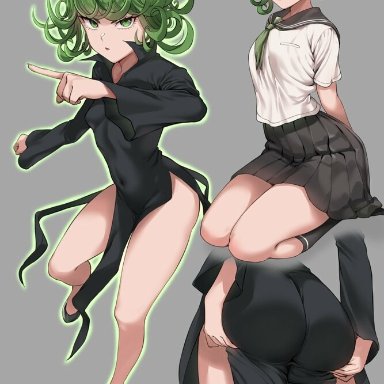 1girls, alternative costume, ass, ass grab, bent knees, big ass, black dress, breasts, clothed navel, clothing, dress, female focus, green eyes, green hair, grey background