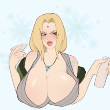 1girls, blonde hair, blush, breasts, cleavage, clothed, female, female only, forehead mark, huge breasts, large breasts, lipstick, looking away, meinteil, naruto