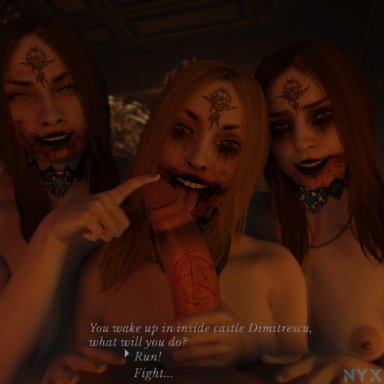 3d, 3girls, bela (resident evil), blender, blood, blowjob, cassandra (resident evil), daniela (resident evil), licking penis, nyxworks, oral, pentagram, resident evil, resident evil 8: village, vampire