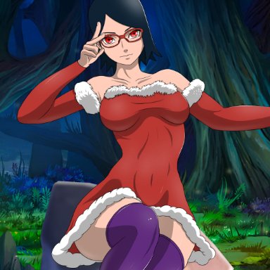 1girls, abs, armwear, asian, asian female, big breasts, black hair, boruto: naruto next generations, breasts, christmas, elbow gloves, female, female focus, female only, forest