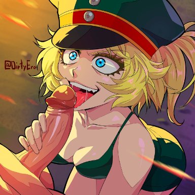 blonde hair, blue eyes, dirtyero(artist), licking, licking penis, medium breasts, tanya degurechaff, youjo senki