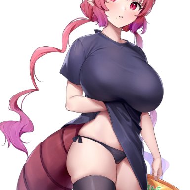 black legwear, black panties, black thighhighs, dragon, dragon tail, hiyashi yaki, horns, ilulu (dragon maid), looking at viewer, miss kobayashi's dragon maid, panties, pink eyes, pink hair, pointy ears, purple hair