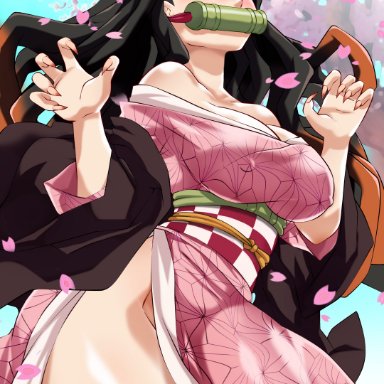 1girls, bamboo, bamboo gag, bare shoulders, bayeuxman, bit gag, blue sky, blush, breasts, checkered, checkered obi, cherry blossoms, claw pose, covered nipples, demon slayer