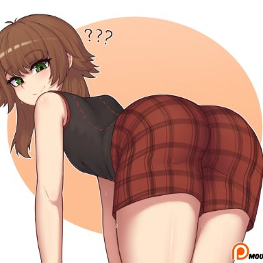 2020s, 2021, ???, ahoge, ass, bangs, bent over, blunt bangs, brown hair, butt crack outline, clothed, clothing, ecstasy, eyebrows visible through hair, flat chest